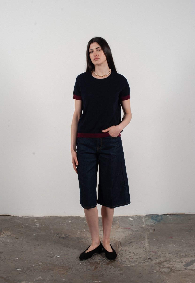 T-shirt col rond manches courtes femme en cachemire & laine ultrafin bleu marine & rouge bordeaux - KELLY 1