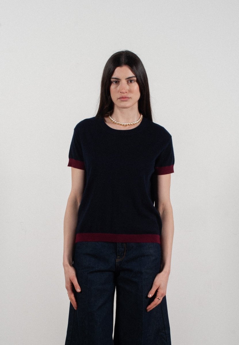 T-shirt col rond manches courtes femme en cachemire & laine ultrafin bleu marine & rouge bordeaux - KELLY 1