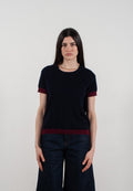 T-shirt col rond manches courtes femme en cachemire & laine ultrafin bleu marine & rouge bordeaux - KELLY 1