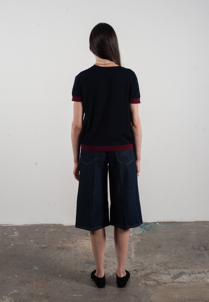 T-shirt col rond manches courtes femme en cachemire & laine ultrafin bleu marine & rouge bordeaux - KELLY 1