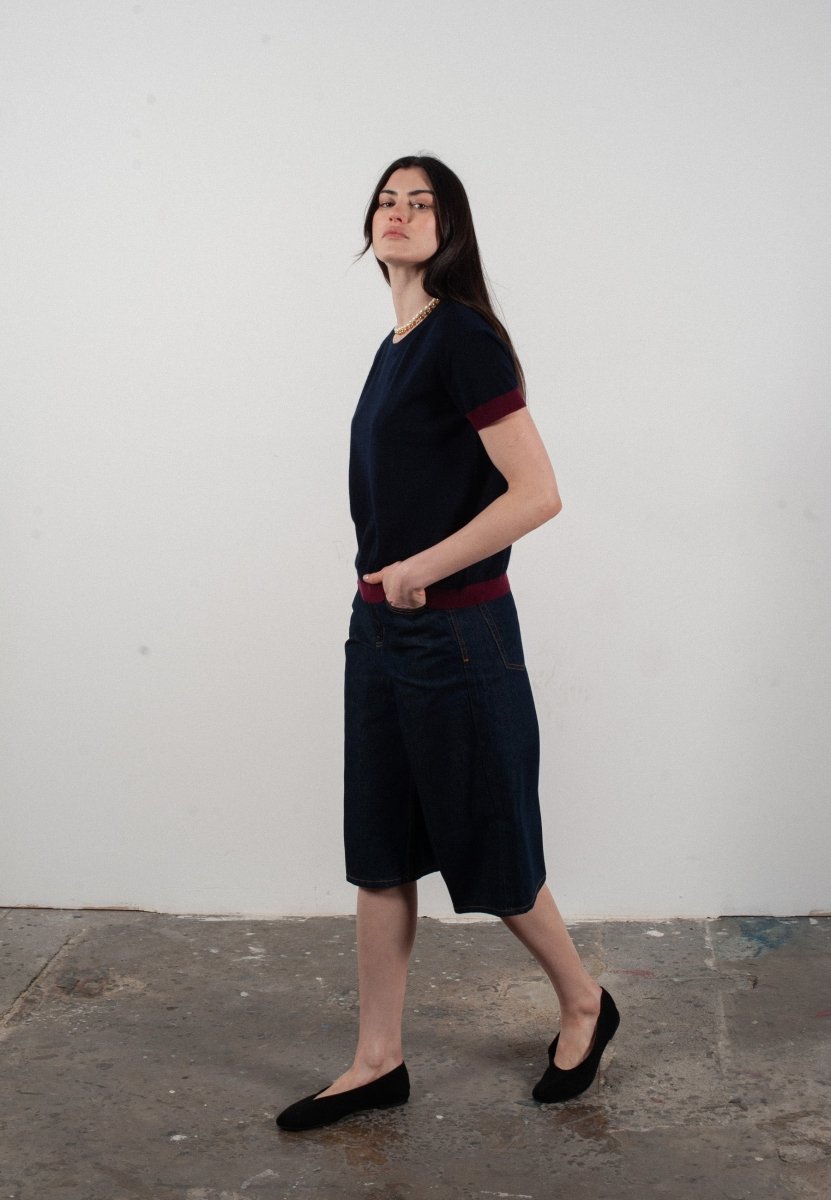 T-shirt col rond manches courtes femme en cachemire & laine ultrafin bleu marine & rouge bordeaux - KELLY 1