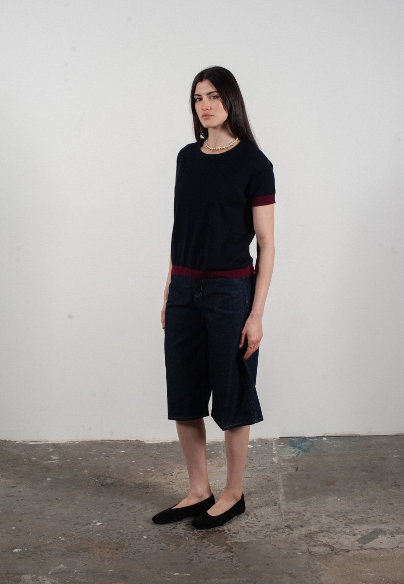 T-shirt col rond manches courtes femme en cachemire & laine ultrafin bleu marine & rouge bordeaux - KELLY 1