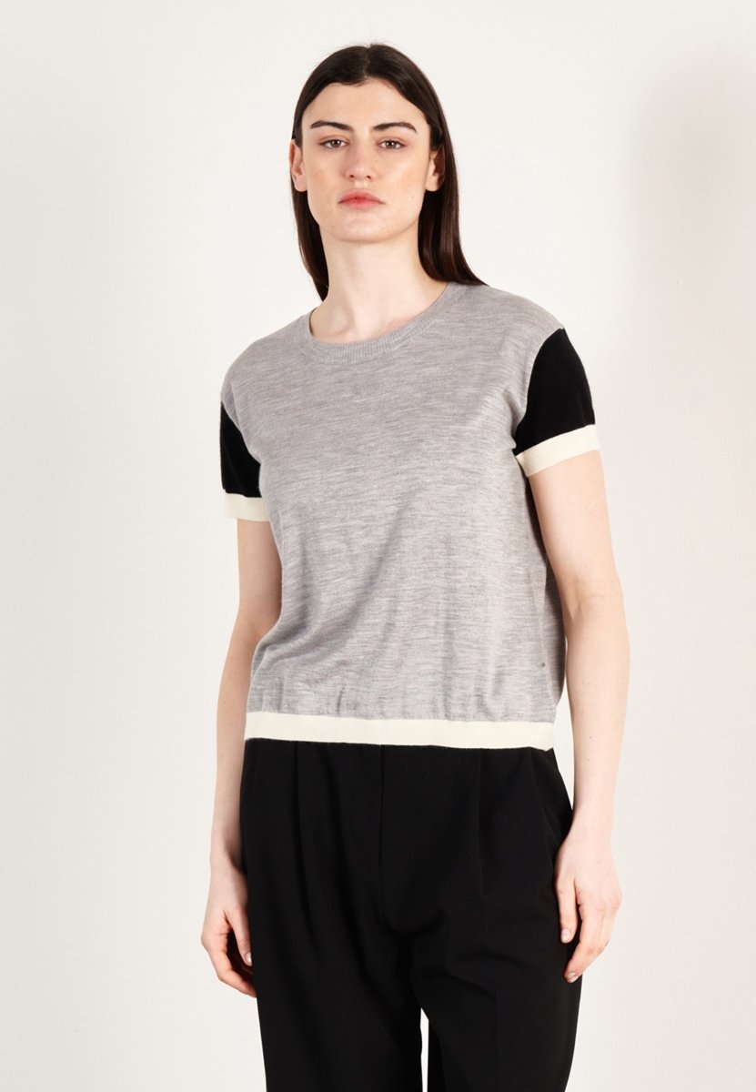 T-shirt col rond manches courtes femme en cachemire & laine ultrafin gris & noir & blanc - KELLY 7
