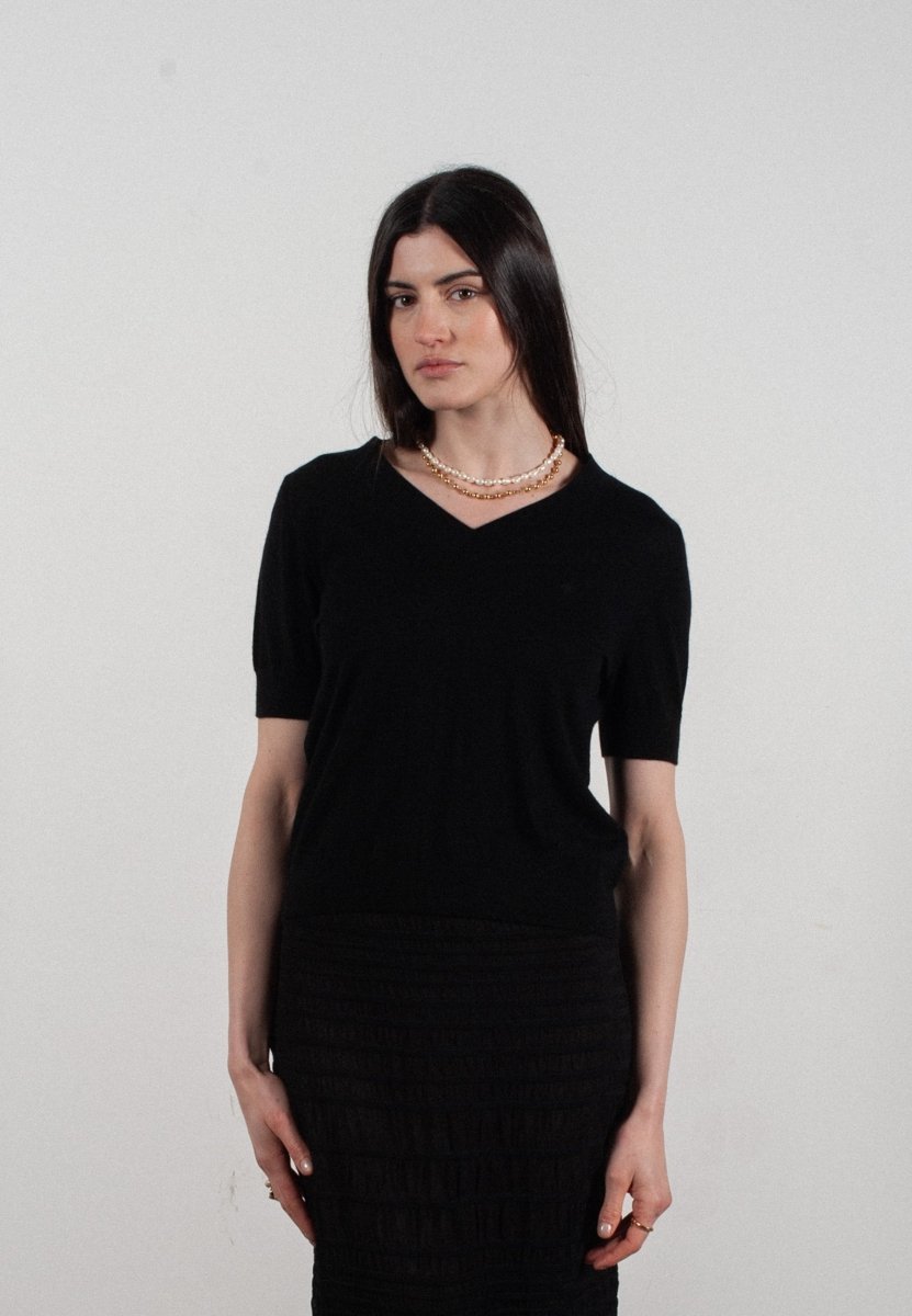 T-shirt col V manches courtes femme en cachemire et laine ultrafin noir - FRIDA 10