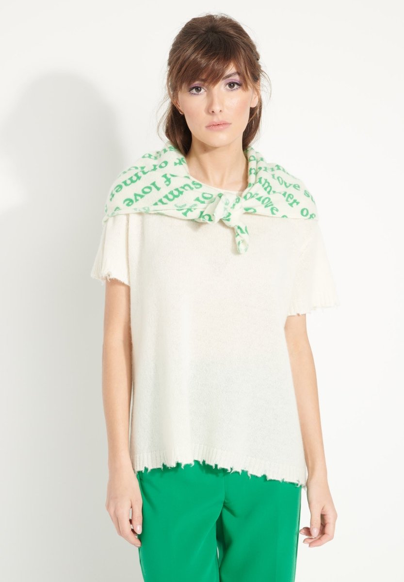 Bandana femme en cachemire imprimé blanc écru & vert - UNI 7