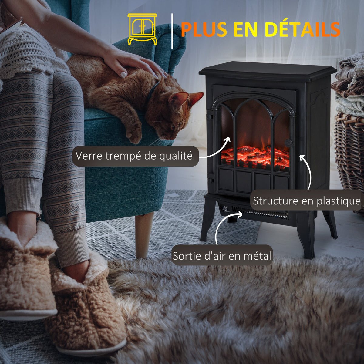 Cheminée électrique sur pied 1000/2000 W, fausse cheminée décorative avec effet flamme LED, protection contre la surchauffe, zone de couverture 15-30 m², noir-6