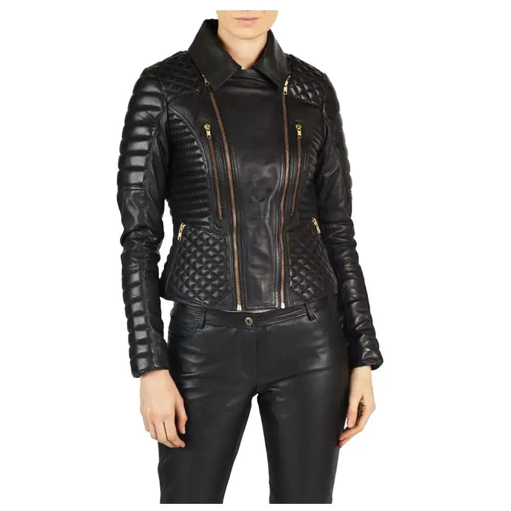 Women’s Motorcycle Biker Leather Jacket with Gold Zipper