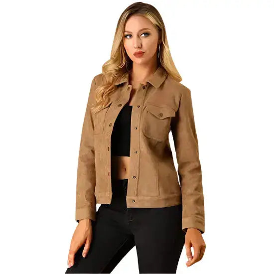 Women’s Brown Button Suede Leather Jacket