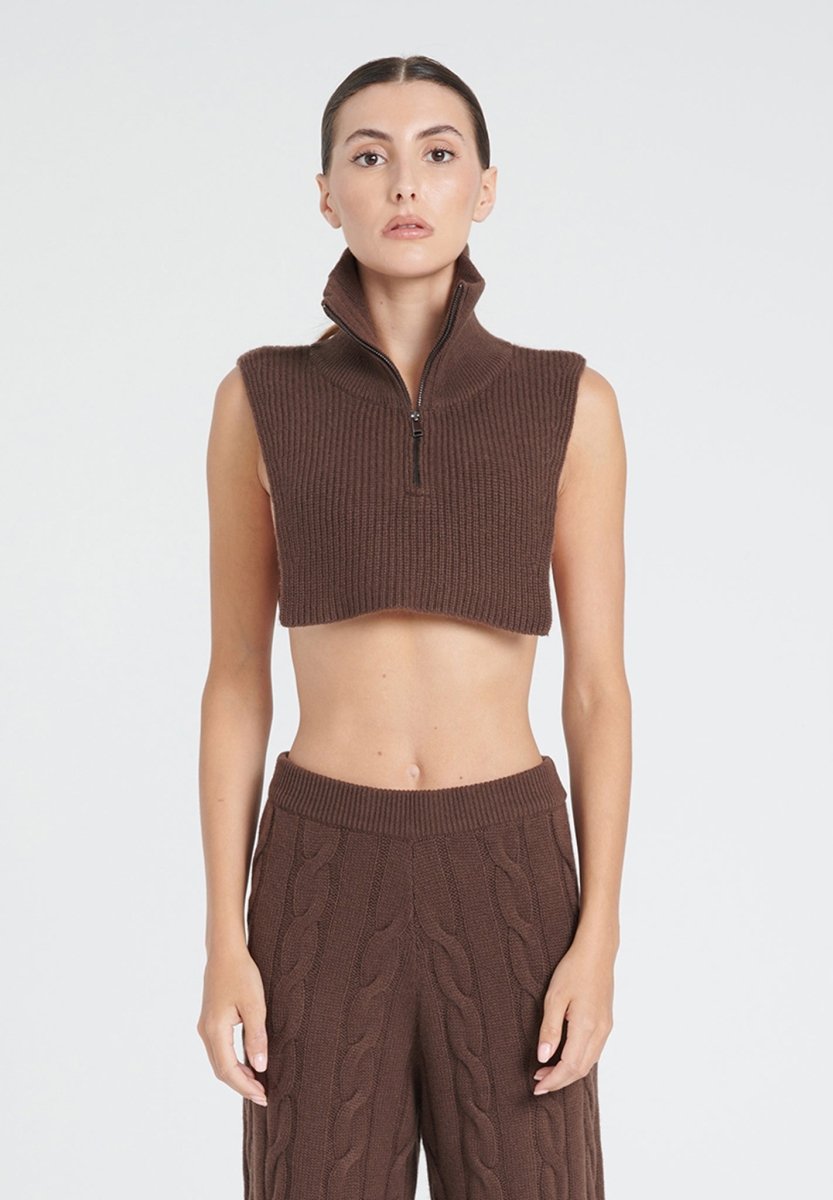 Col montant zippé femme en cachemire 4 fils marron - ZAYA 1