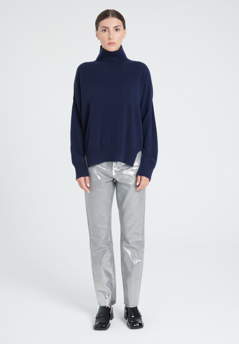 Pull col montant femme en cachemire bleu marine - ZAYA 13