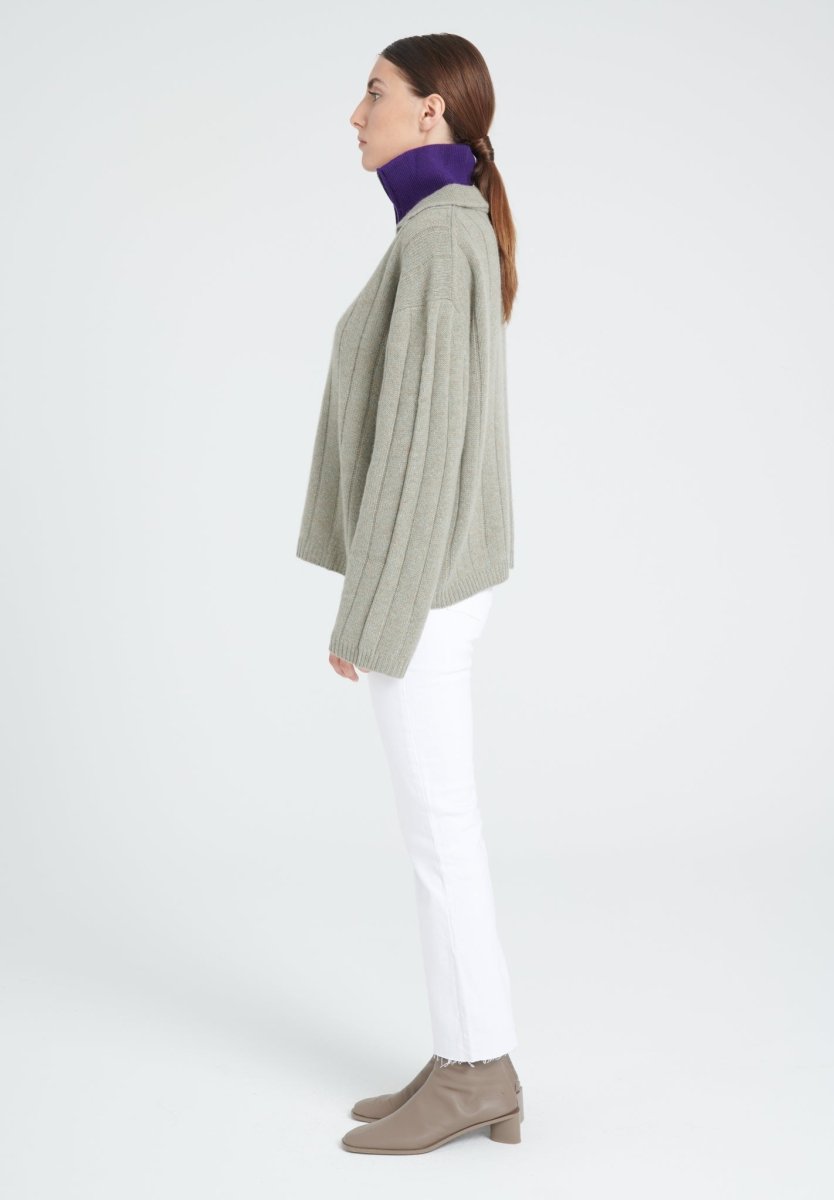 Pull col claudine cachemire 6 fils kaki taupe chiné femme - ZAYA 17