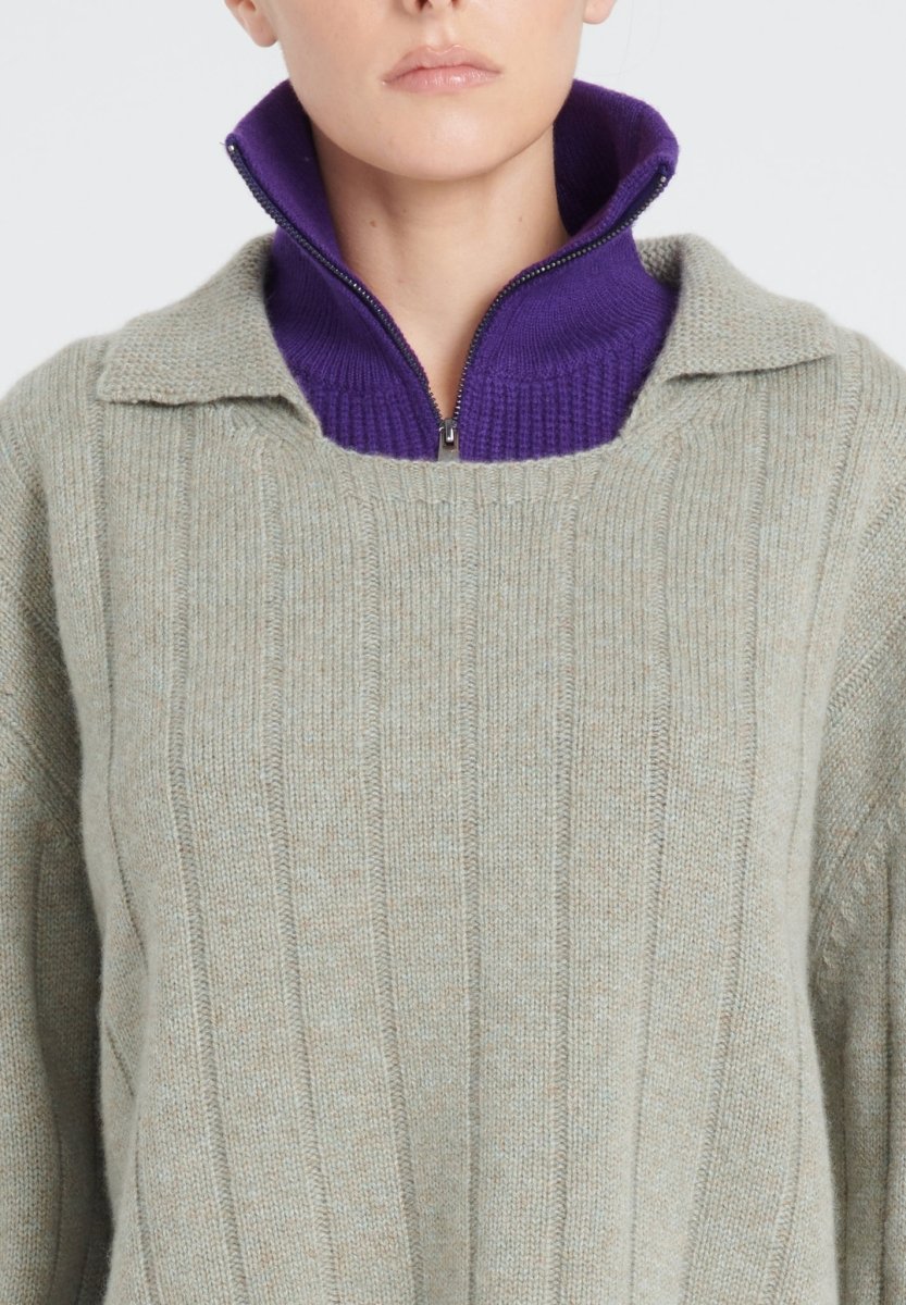 Pull col claudine cachemire 6 fils kaki taupe chiné femme - ZAYA 17