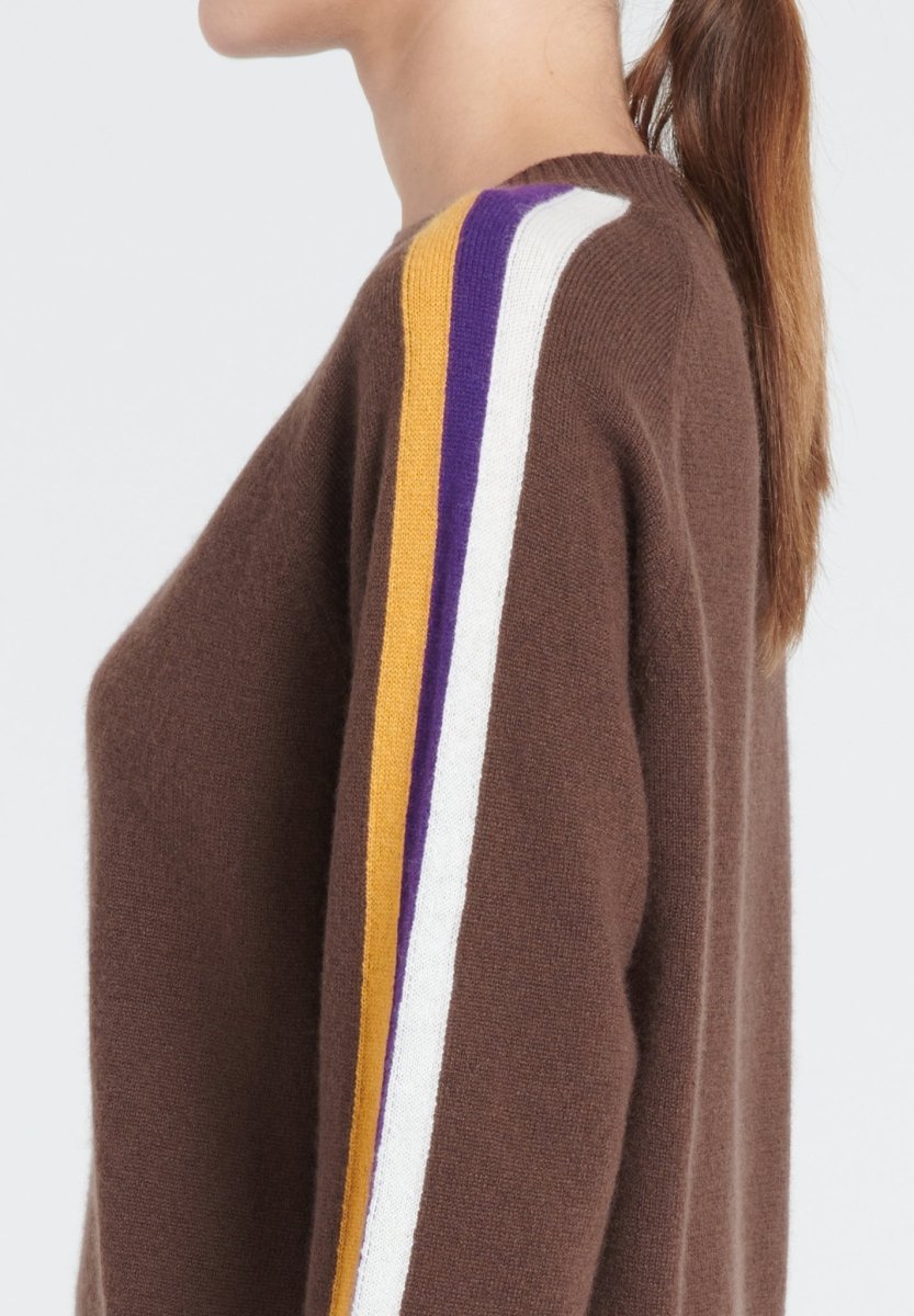 Pull col rond femme en cachemire marron & bande multicolor - ZAYA 19