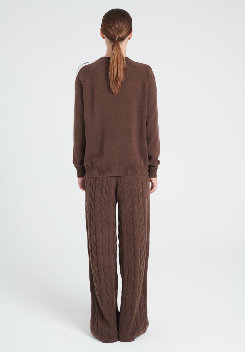 Pull col rond femme en cachemire marron & bande multicolor - ZAYA 19