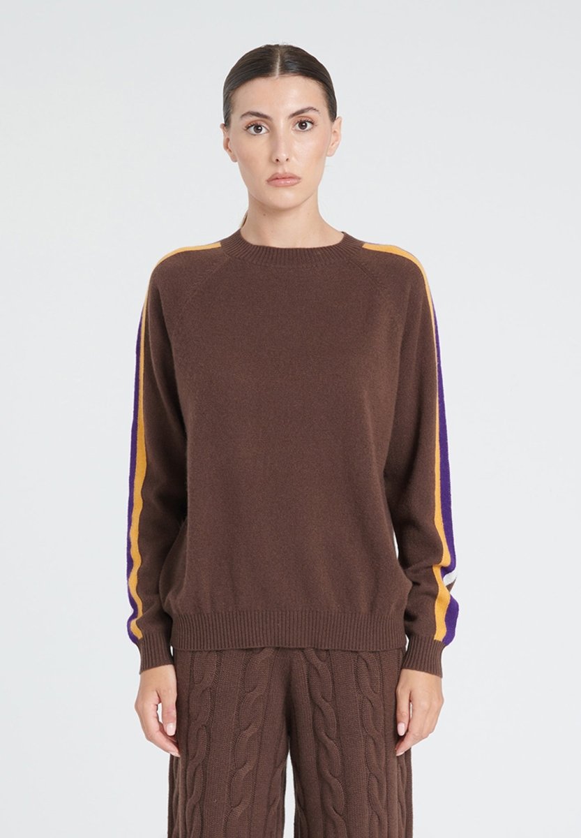 Pull col rond femme en cachemire marron & bande multicolor - ZAYA 19