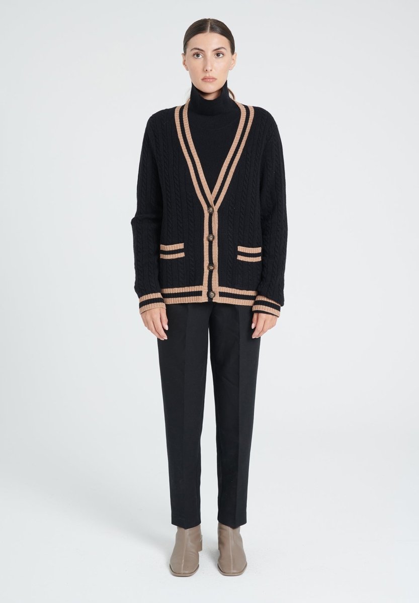 Cardigan col V femme en cachemire 4 fils noir & camel - ZAYA 2