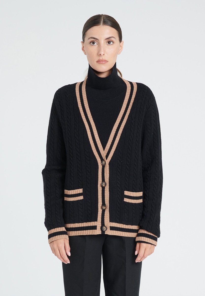 Cardigan col V femme en cachemire 4 fils noir & camel - ZAYA 2