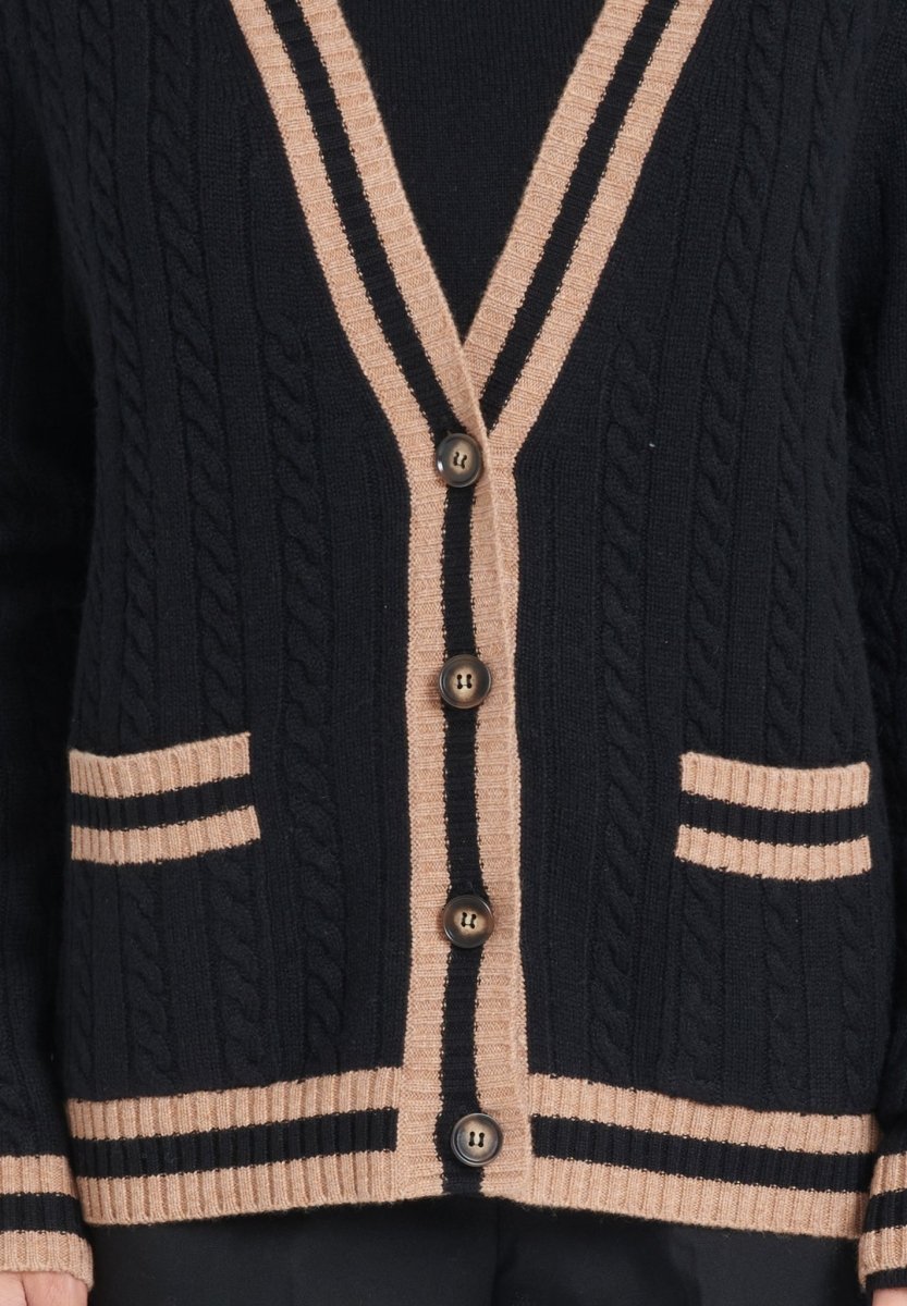 Cardigan col V femme en cachemire 4 fils noir & camel - ZAYA 2