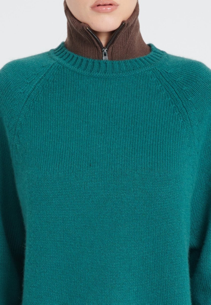 Pull col rond manches raglan femme en cachemire 6 fils vert foncé - ZAYA 7