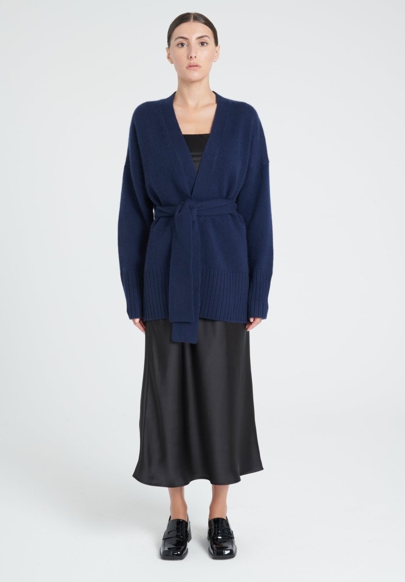 Cardigan ceinturé femme en cachemire 8 fils bleu marine - ZAYA 8